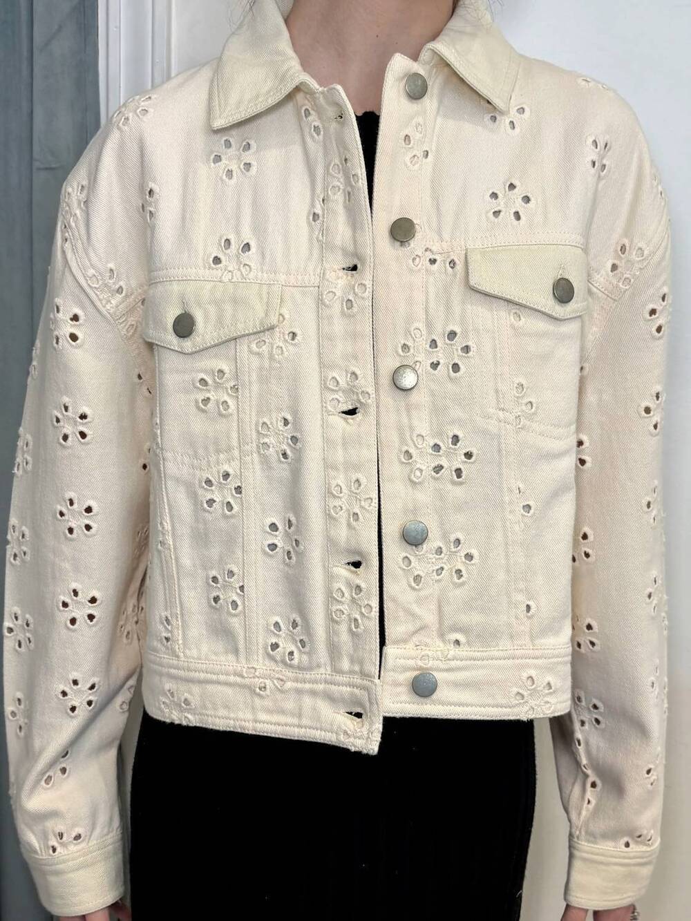 NEW SAYLOR daisy eyelet denim jacket in beige
